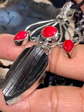 Raw Schorl Tourmaline & Red Coral Crystal Pendant 3”